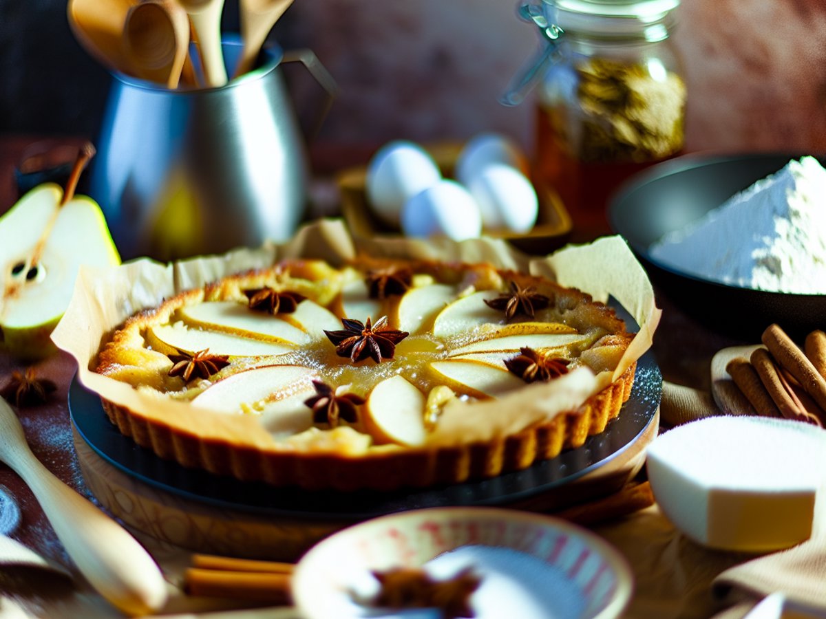 Sternanis-Birnen-Kuchen von oben fotografiert mit dekorativen Birnenscheiben und Sternanis