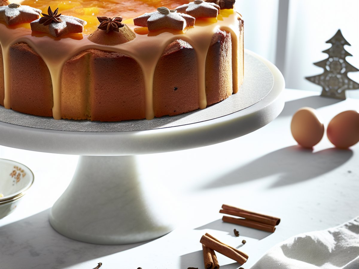 Winterlicher Gewürz-Rehrücken mit glänzender Orangenglasur auf elegantem Kuchenteller, dekoriert mit Orangenscheiben und Zimtstangen