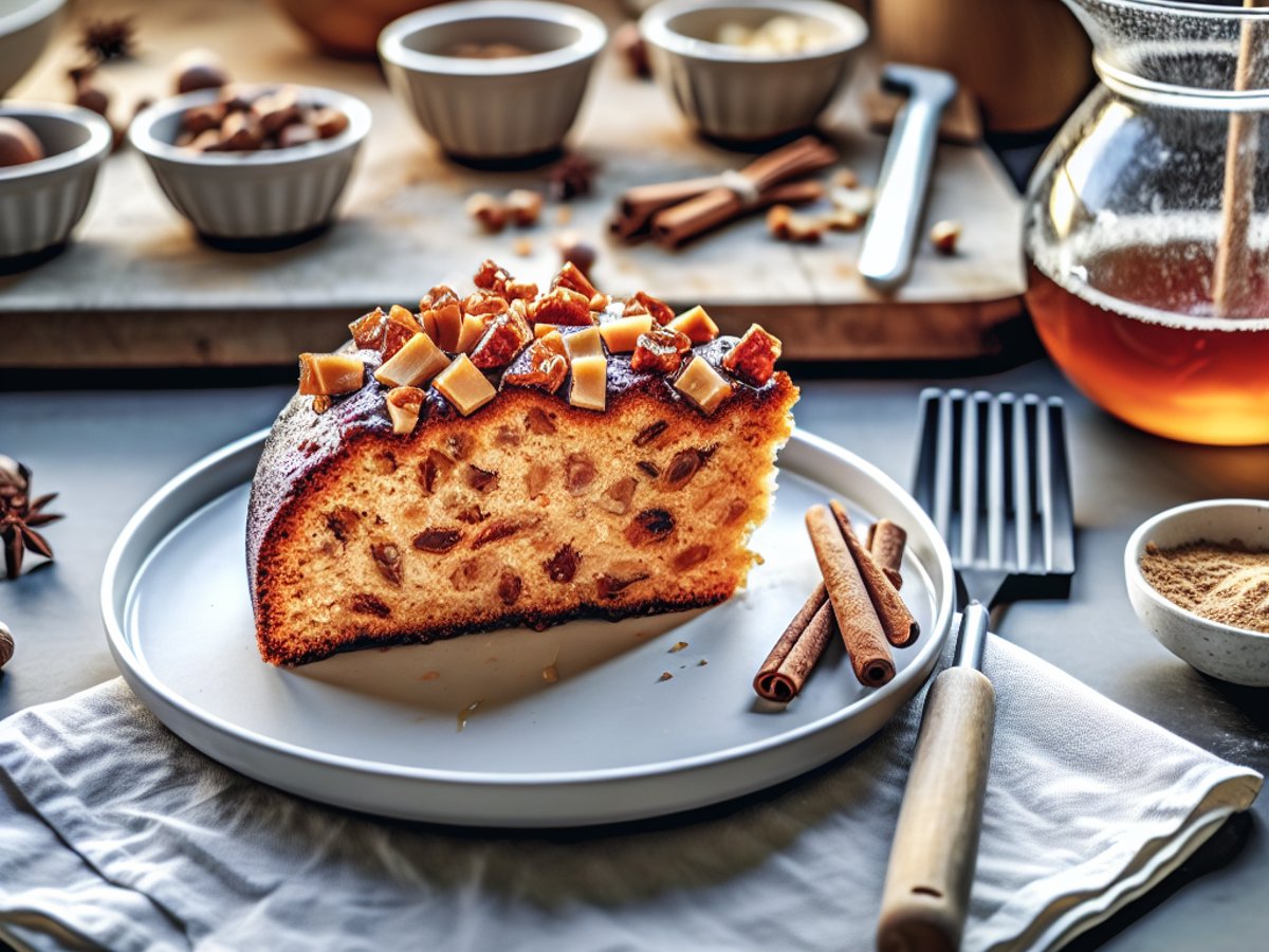 Honig-Ingwer-Kuchen von oben fotografiert auf weisser Kuchenplatte mit Winterdekoration