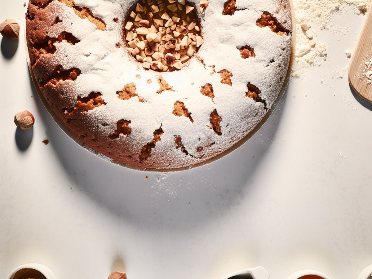 Ganzer Honig-Ingwer-Kuchen mit gerösteten Haselnüssen auf rustikalem Holztisch, professionelle Food-Fotografie