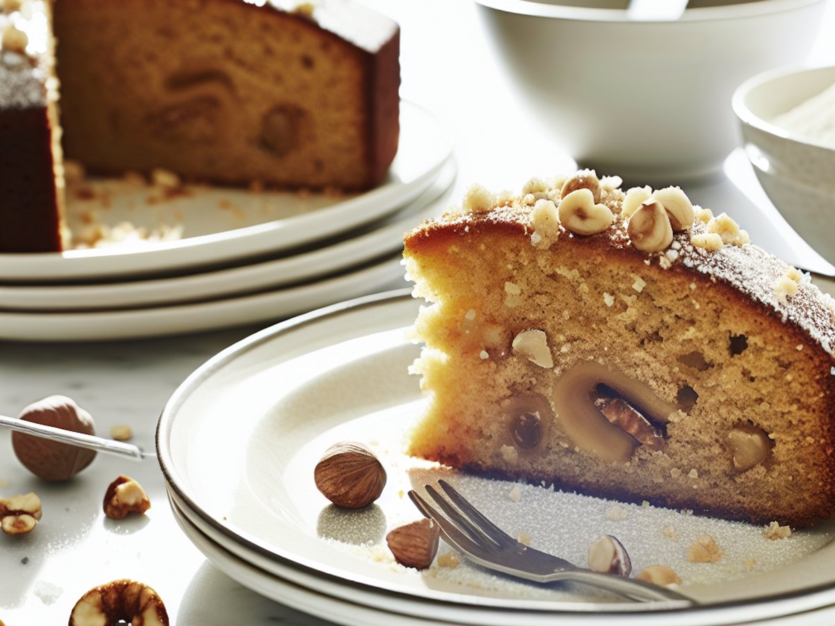 Angeschnittener Honig-Ingwer-Kuchen mit sichtbarer saftiger Krume und Haselnussstückchen
