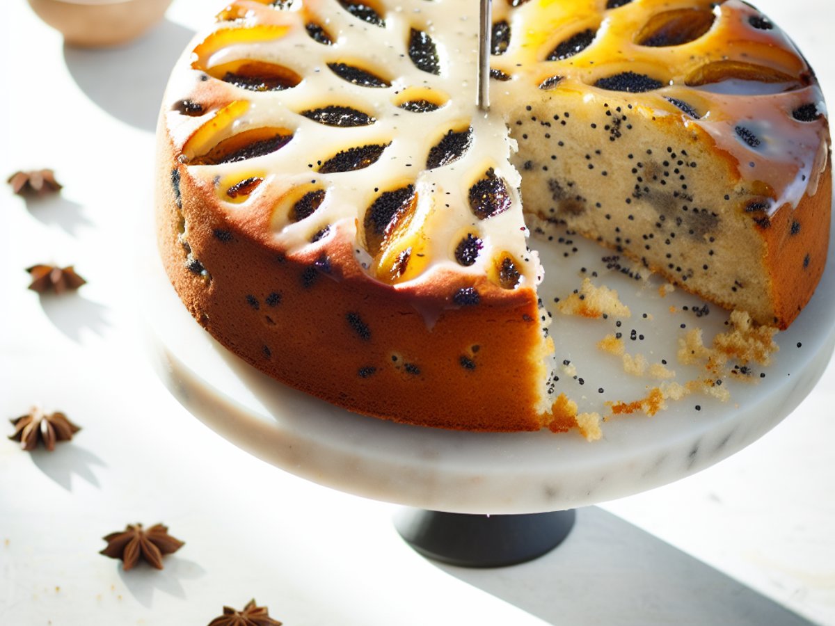 Ganzer Birnen-Mohn-Kuchen mit goldener Kardamom-Honig-Glasur auf rustikalem Holztisch, winterliche Dekoration