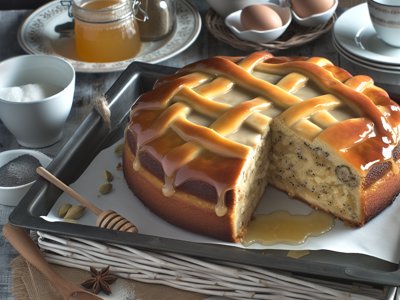 Winterlicher Birnen-Mohn-Kuchen mit Kardamom-Honig-Glasur