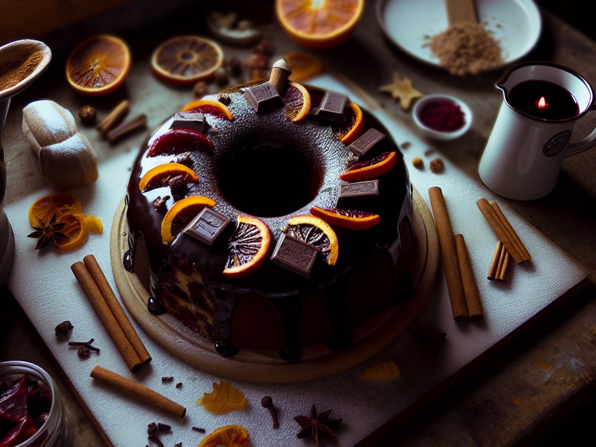Glühwein-Schokoladen-Gugelhupf von oben fotografiert auf festlichem Winterteller mit Zimtstangen als Dekoration