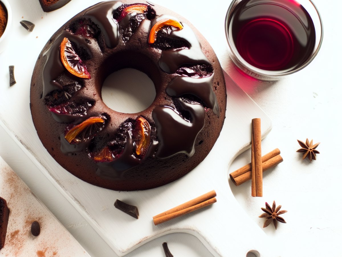 Winterlicher Glühwein-Schokoladen-Gugelhupf mit glänzender Schokoladenglasur auf rustikalem Holztisch