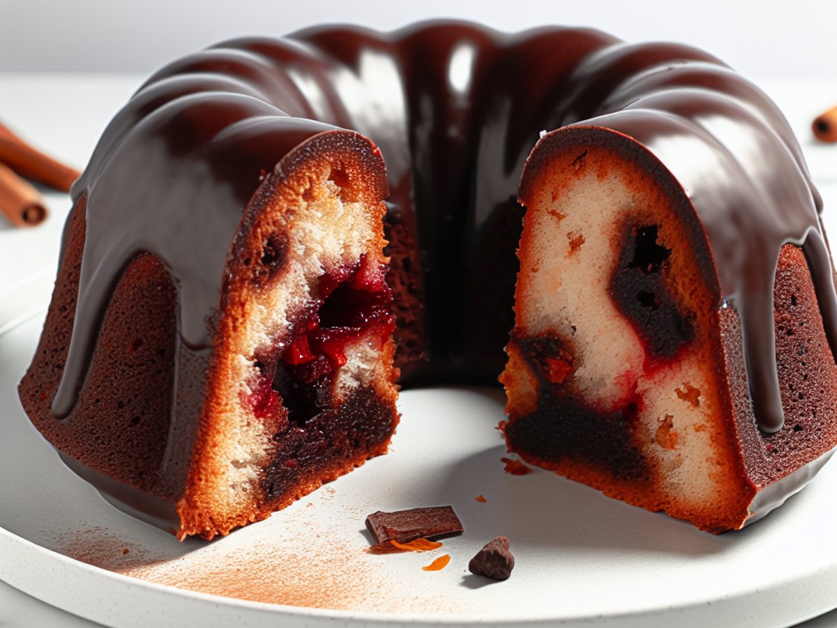 Angeschnittener Glühwein-Schokoladen-Gugelhupf mit sichtbarer saftiger, dunkler Krume und Schokoladenglasur