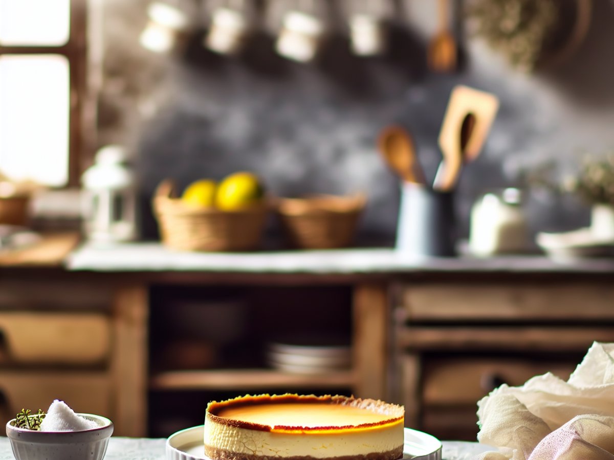 Vanillekipferl-Cheesecake von oben fotografiert auf rustikalem Holztisch mit winterlicher Dekoration
