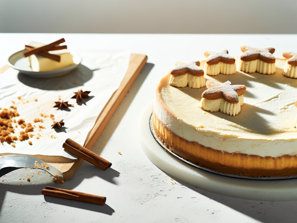 Ganzer Vanillekipferl-Cheesecake auf weisser Tortenplatte, dekoriert mit Vanillekipferl-Krümeln und Zimtstangen