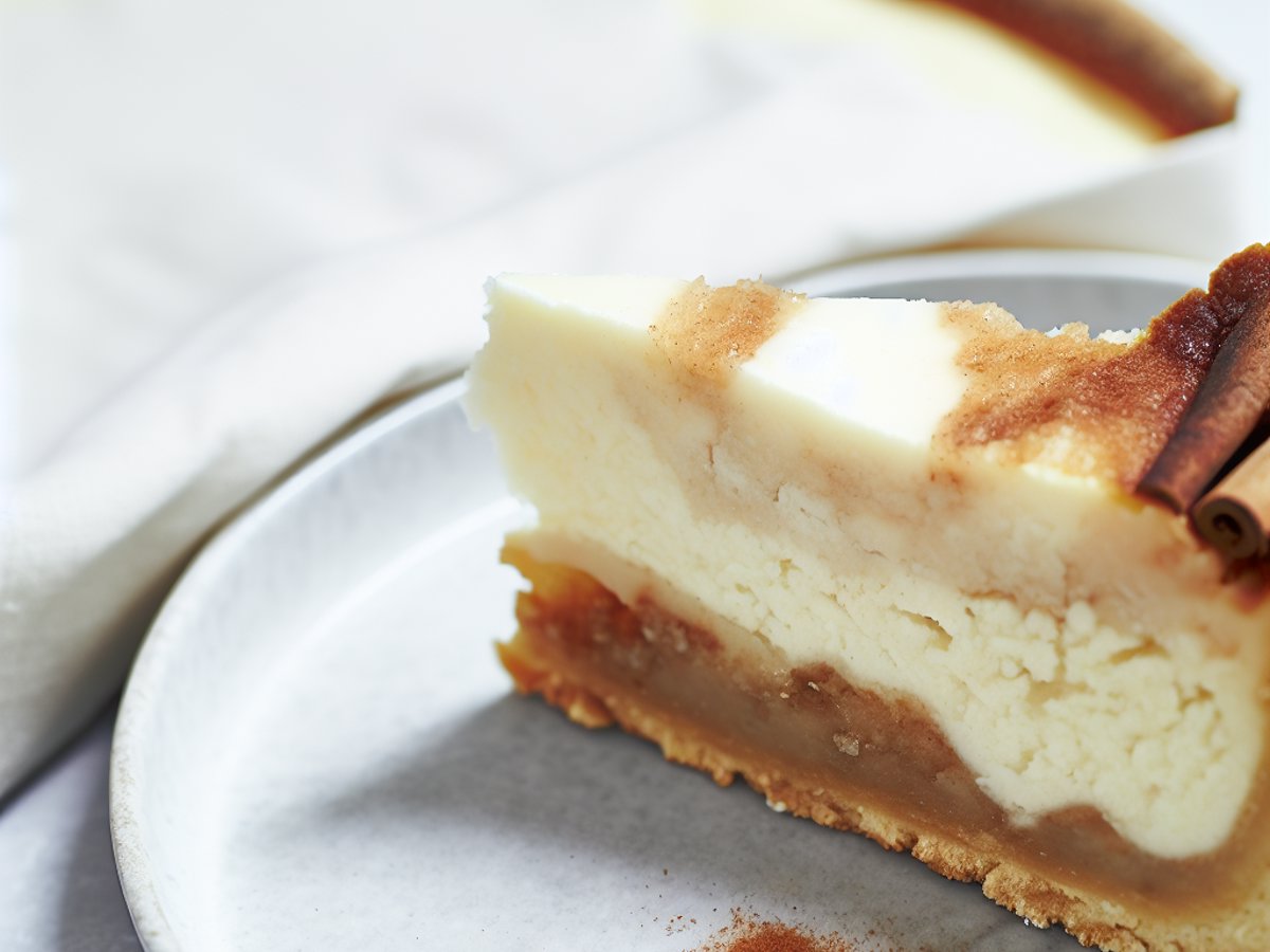 Angeschnittener Vanillekipferl-Cheesecake mit sichtbarer cremiger Füllung und knusprigem Kipferl-Boden