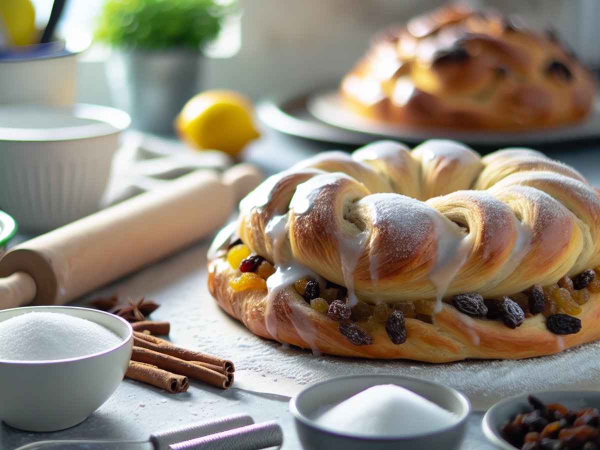 Kardamom-Rosinen-Hefezopf von der Seite auf weisser Kuchenplatte mit Winterdekoration