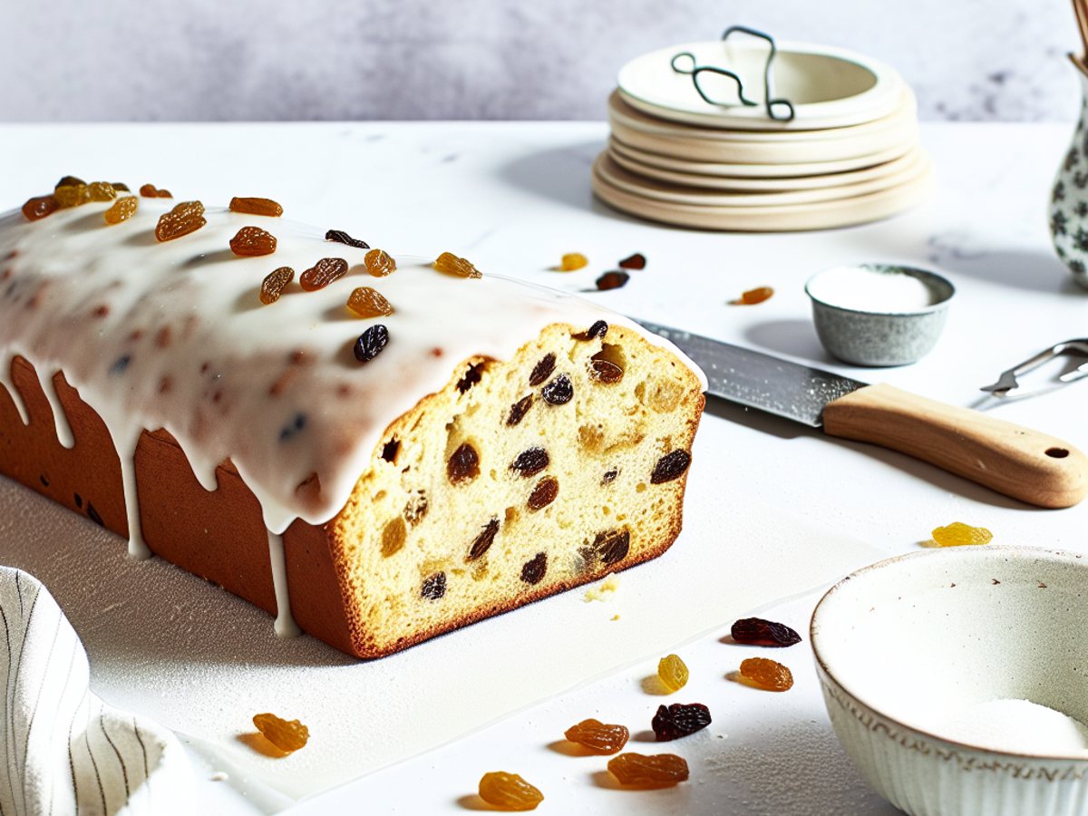 Ganzer Kardamom-Rosinen-Hefezopf mit glänzender Vanilleglasur auf rustikalem Holzbrett, professionelle Food-Fotografie