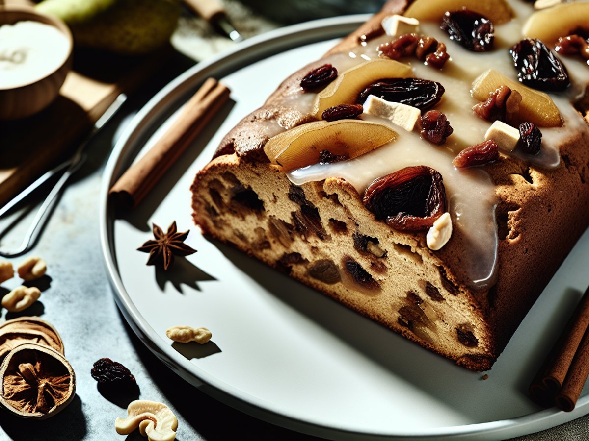 Birnenbrot von der Seite fotografiert auf festlichem Weihnachtstisch mit Tannenzweigen