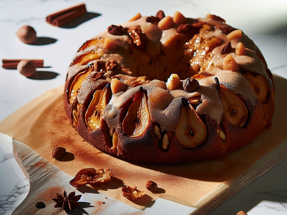 Ganzes winterliches Gewürz-Birnenbrot mit glänzender Nussbutter-Glasur auf rustikalem Holzbrett