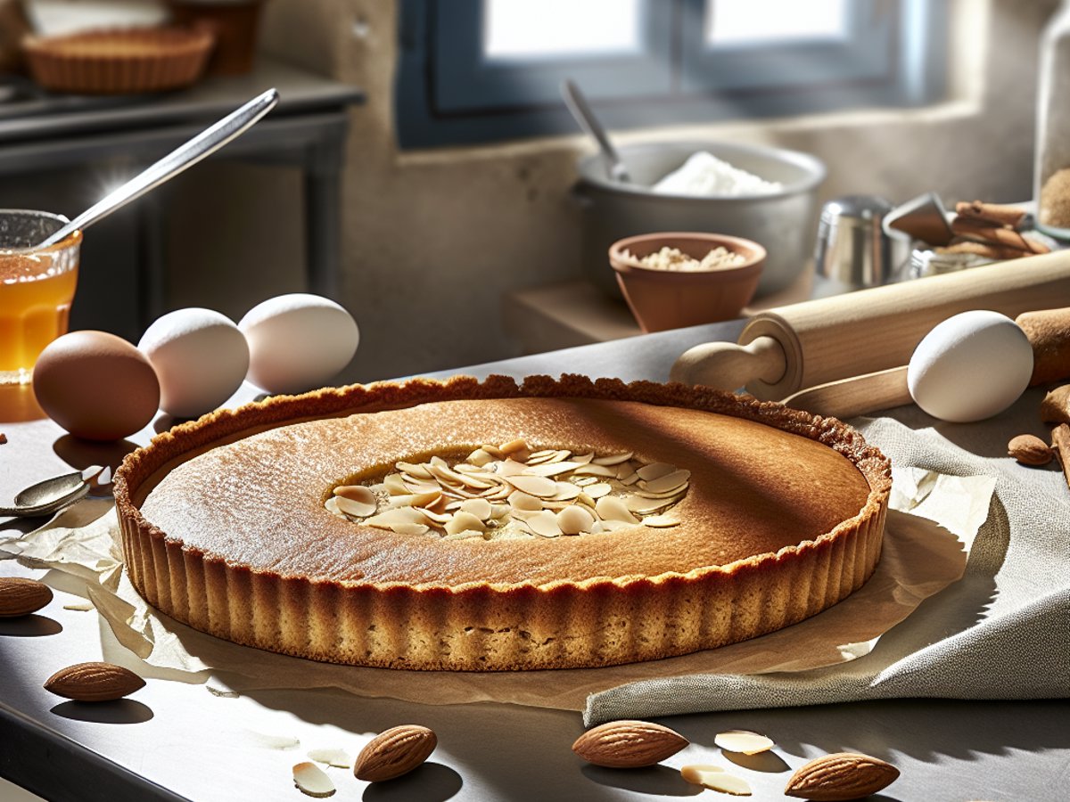 Spanischer Mandelkuchen (Tarta de Santiago) - Alternative Ansicht in gemütlichem Setting