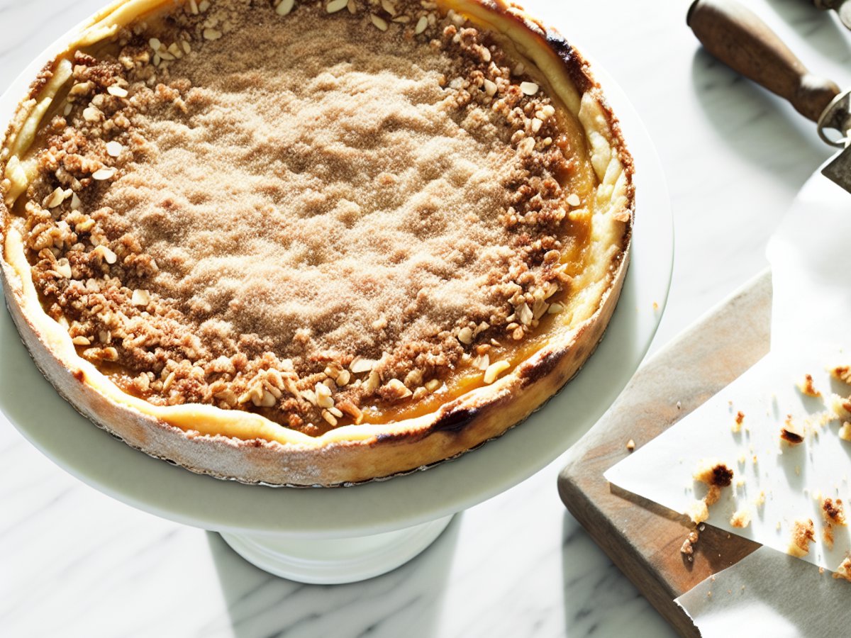 Spanischer Mandelkuchen (Tarta de Santiago) - Ganzer Kuchen auf eleganter Kuchenplatte