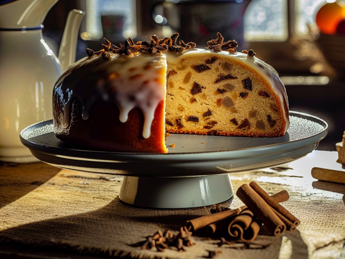 Marzipan-Punsch-Kuchen von oben fotografiert auf festlicher Kuchenplatte mit Zimtstangen als Dekoration