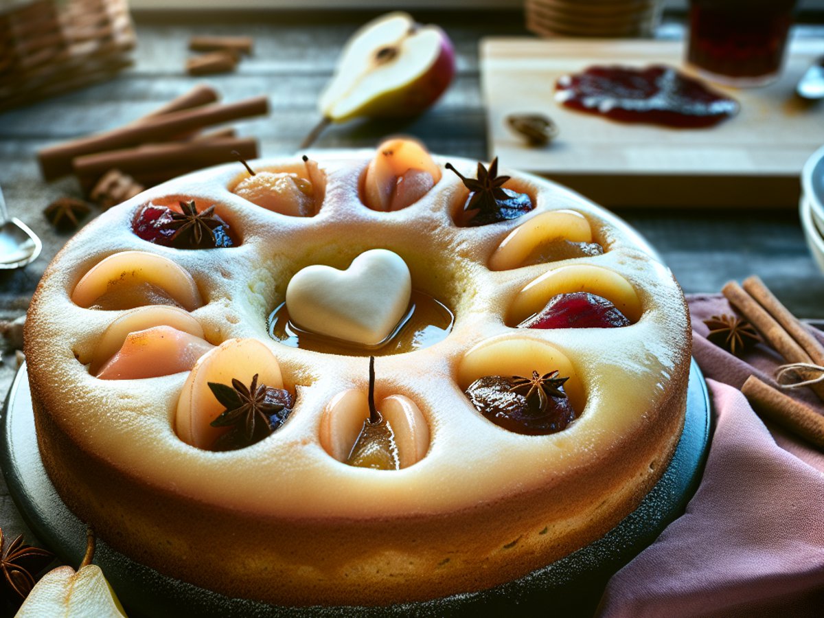 Glühwein-Birnen-Kuchen von oben fotografiert auf weisser Kuchenplatte, umgeben von winterlicher Dekoration