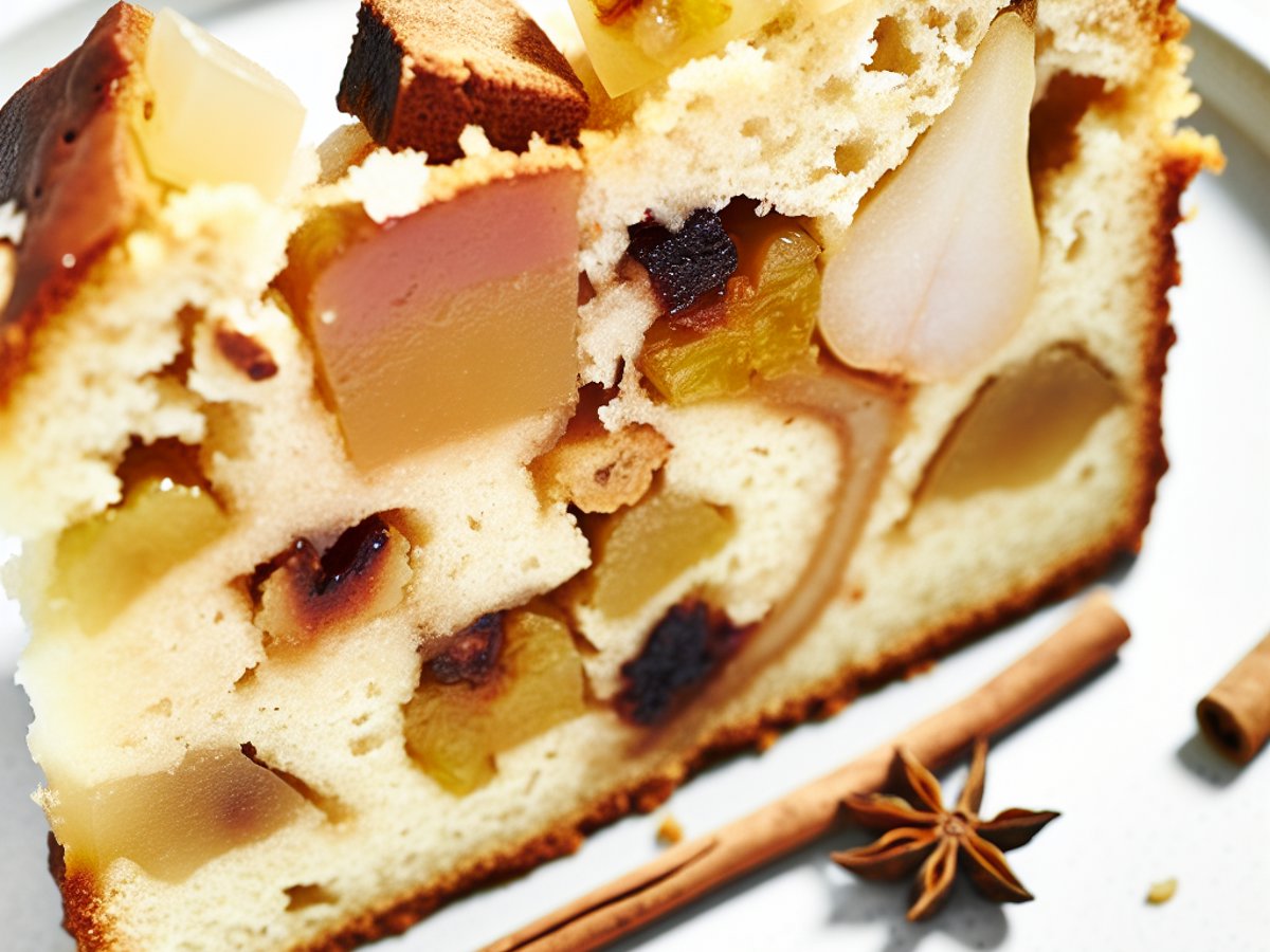 Angeschnittener Glühwein-Birnen-Kuchen mit sichtbarem Marzipanherz und saftiger Krume voller Birnenstücke