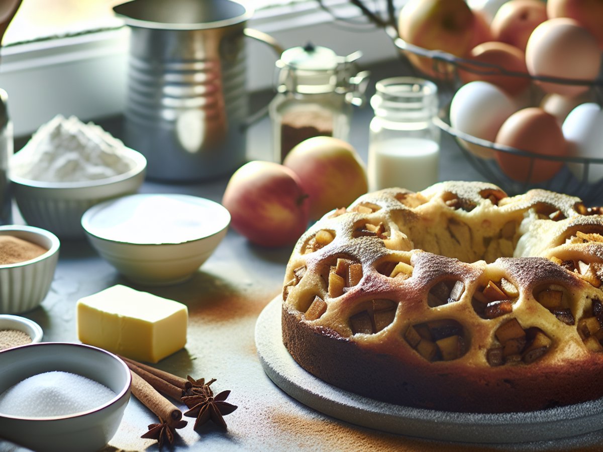 Apfel-Marzipan-Gugelhupf von oben fotografiert auf rustikalem Holztisch mit Zimtstangen als Dekoration