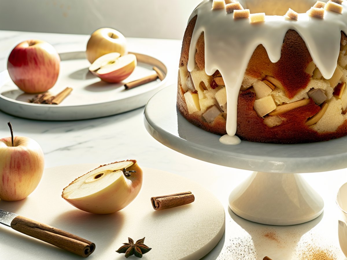 Ganzer Apfel-Marzipan-Gugelhupf mit glänzender Zimt-Butter-Glasur auf weissem Kuchenständer