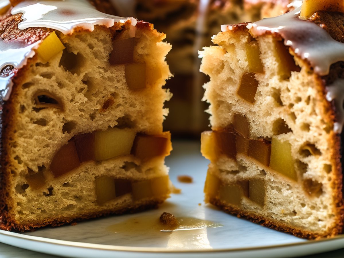 Angeschnittener Apfel-Marzipan-Gugelhupf mit sichtbaren Apfelstückchen und Marzipanstücken in der saftigen Krume