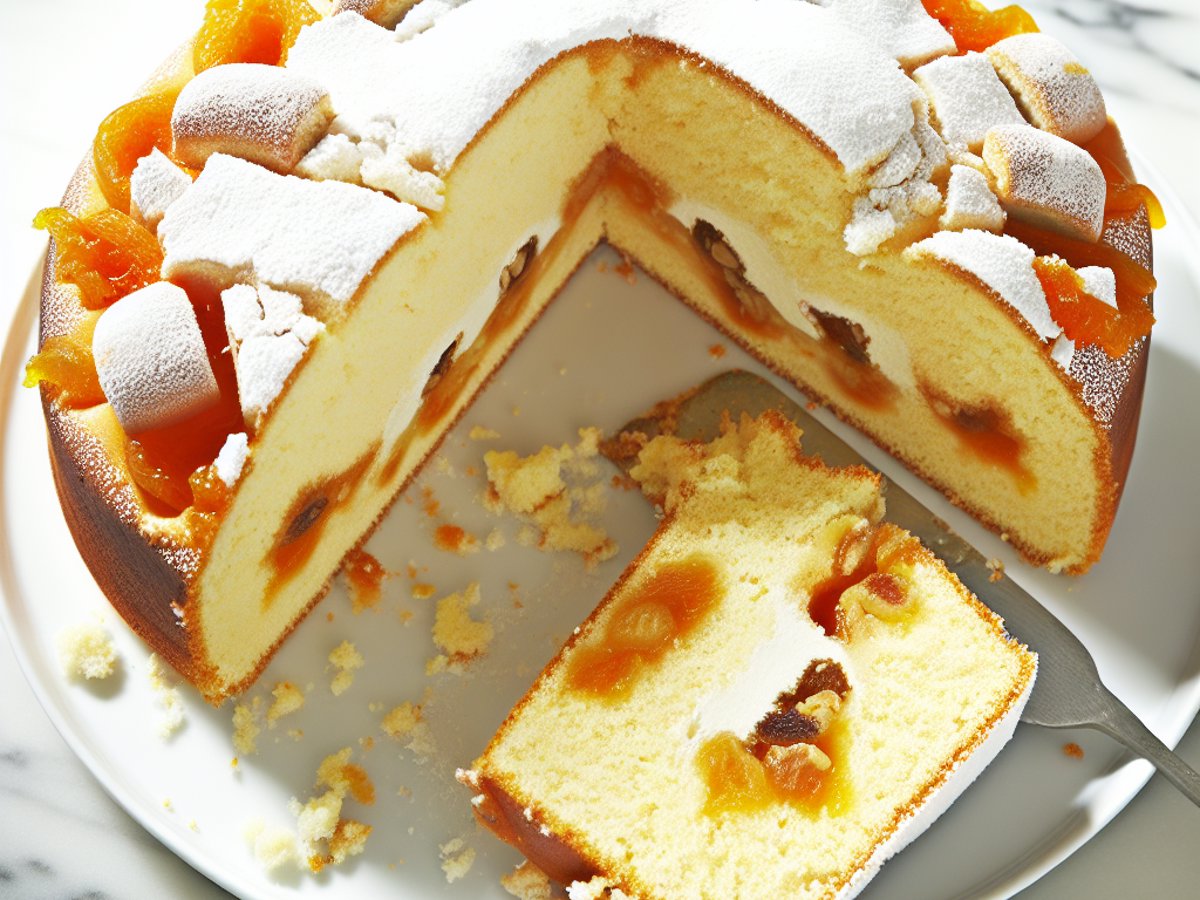 Angeschnittener Marzipan-Vanillekipferl-Kuchen mit sichtbaren Vanillekipferl-Stückchen und cremiger Glasur