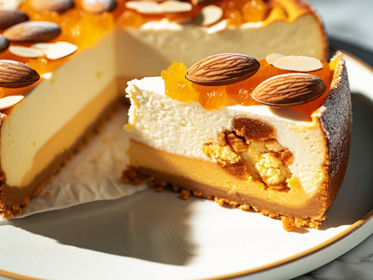 Angeschnittener Lebkuchen-Cheesecake mit sichtbarer cremiger Füllung und knusprigem Lebkuchenboden, garniert mit Orangencrème