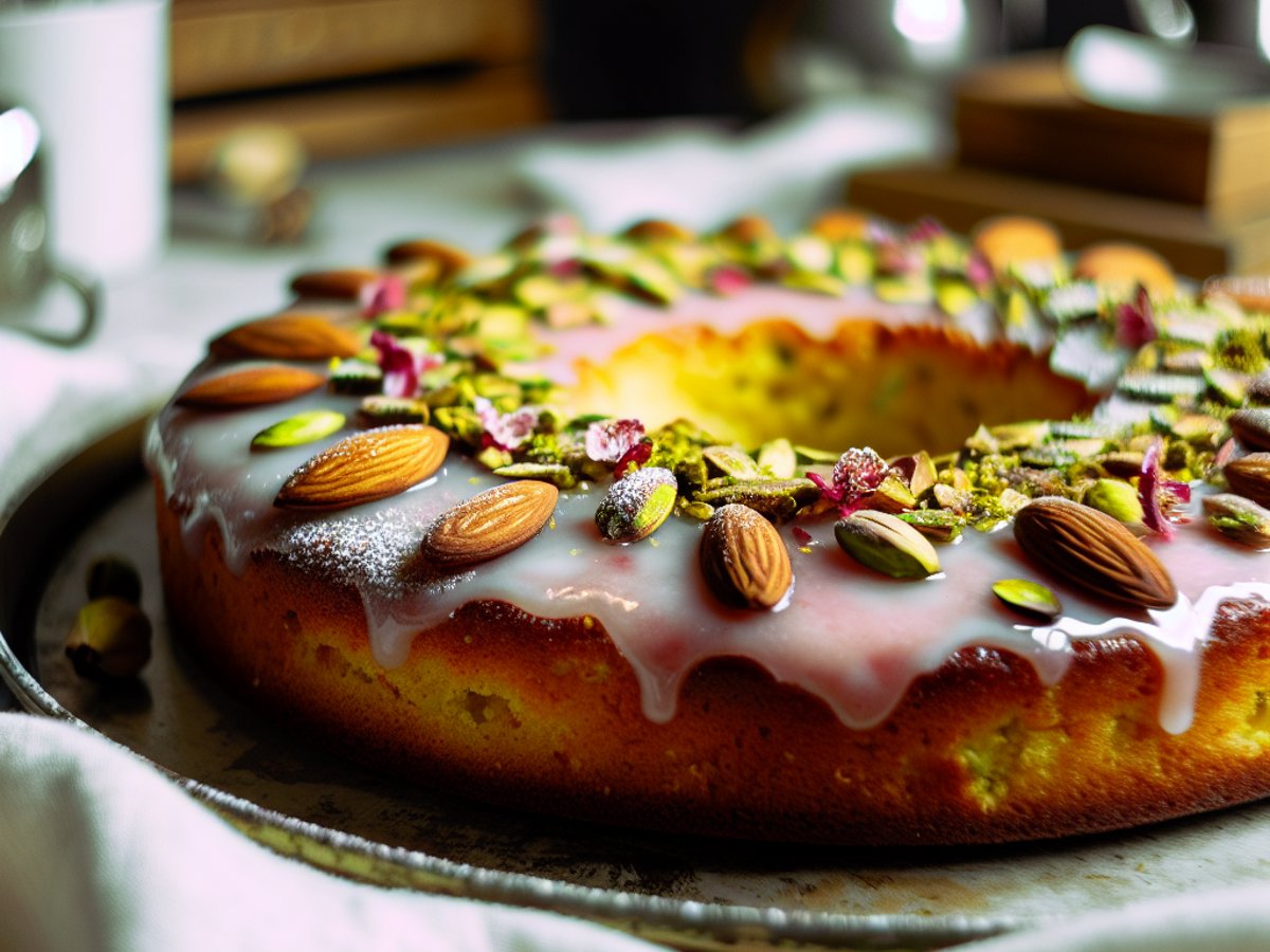 Mandel-Pistazien-Kuchen von oben fotografiert mit gehackten Pistazien als Dekoration