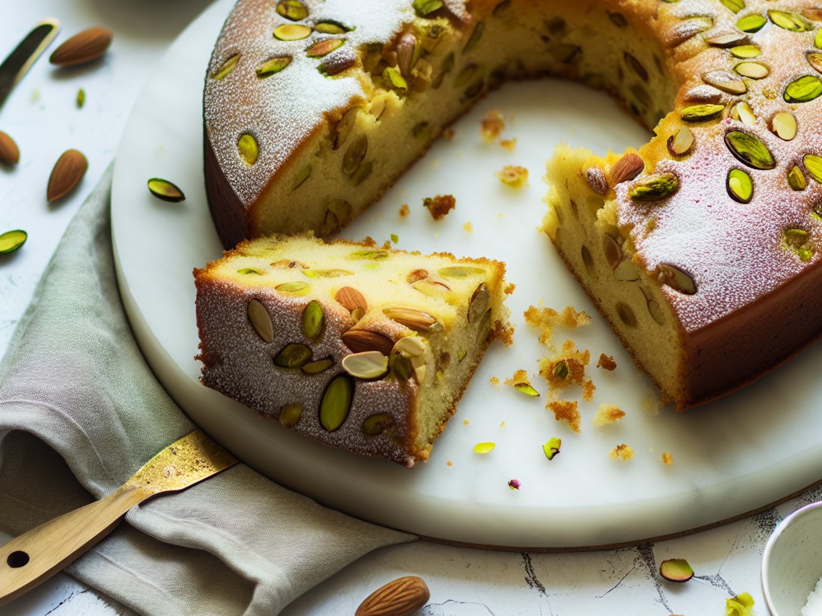 Ganzer Mandel-Pistazien-Kuchen mit weisser Rosenwasser-Glasur auf eleganter Kuchenplatte