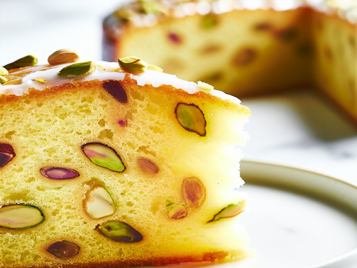 Angeschnittener Mandel-Pistazien-Kuchen mit sichtbarer nussiger Textur und Glasur