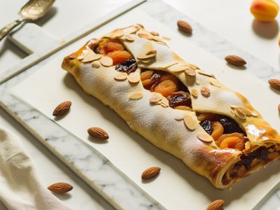 Winterlicher Aprikosen-Mandel-Strudel mit Zimtcrème