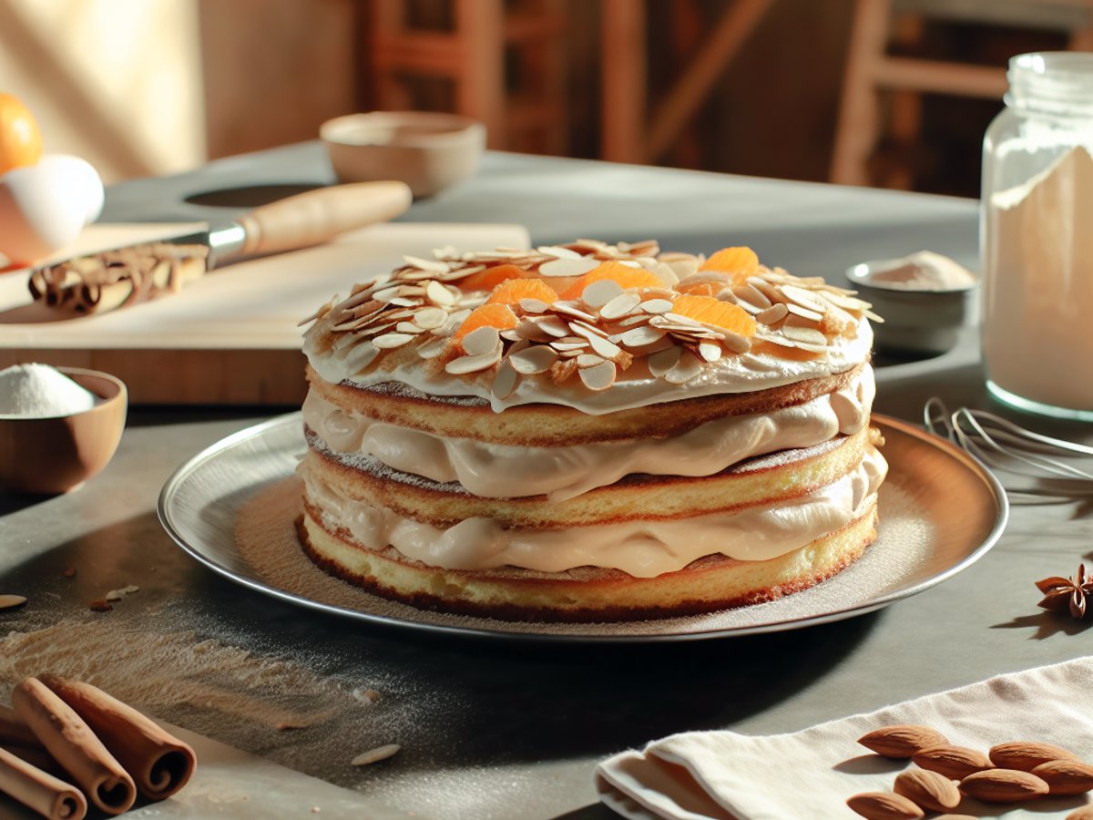 Zimtschnecken-Schichtdessert von oben fotografiert mit gerösteten Mandelsplittern und Orangenzesten als Dekoration