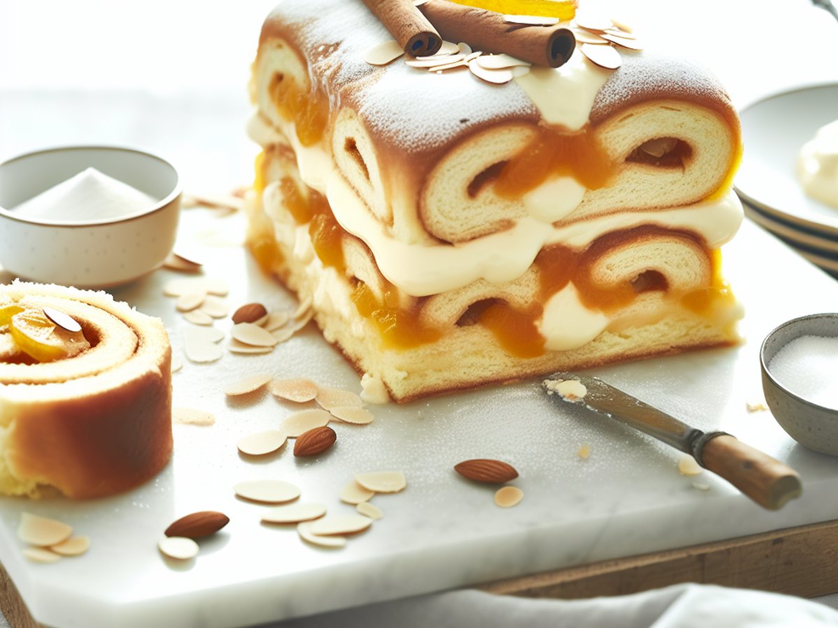 Winterliches Zimtschnecken-Schichtdessert in Glasschüssel mit sichtbaren Schichten und Mandelsplittern, festlich dekoriert