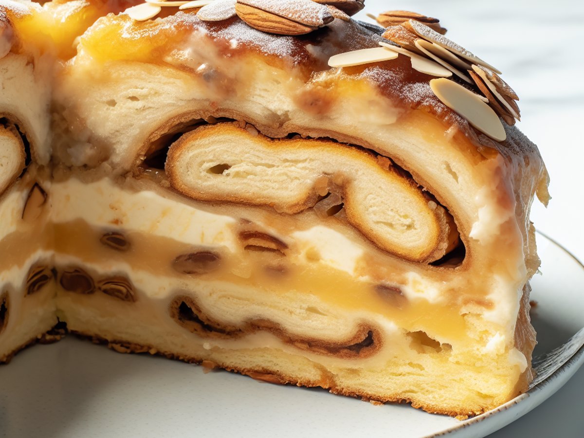 Angeschnittenes Zimtschnecken-Schichtdessert im Glas mit cremiger Orangenschicht und zimtigen Schneckenstücken