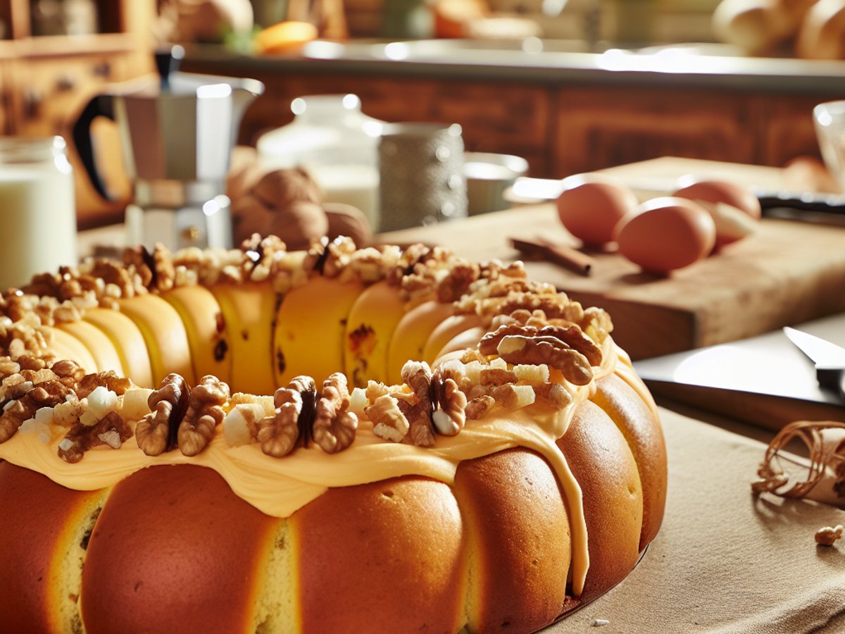 Zimt-Walnuss-Kranzkuchen von oben fotografiert auf rustikalem Holztisch mit winterlicher Dekoration
