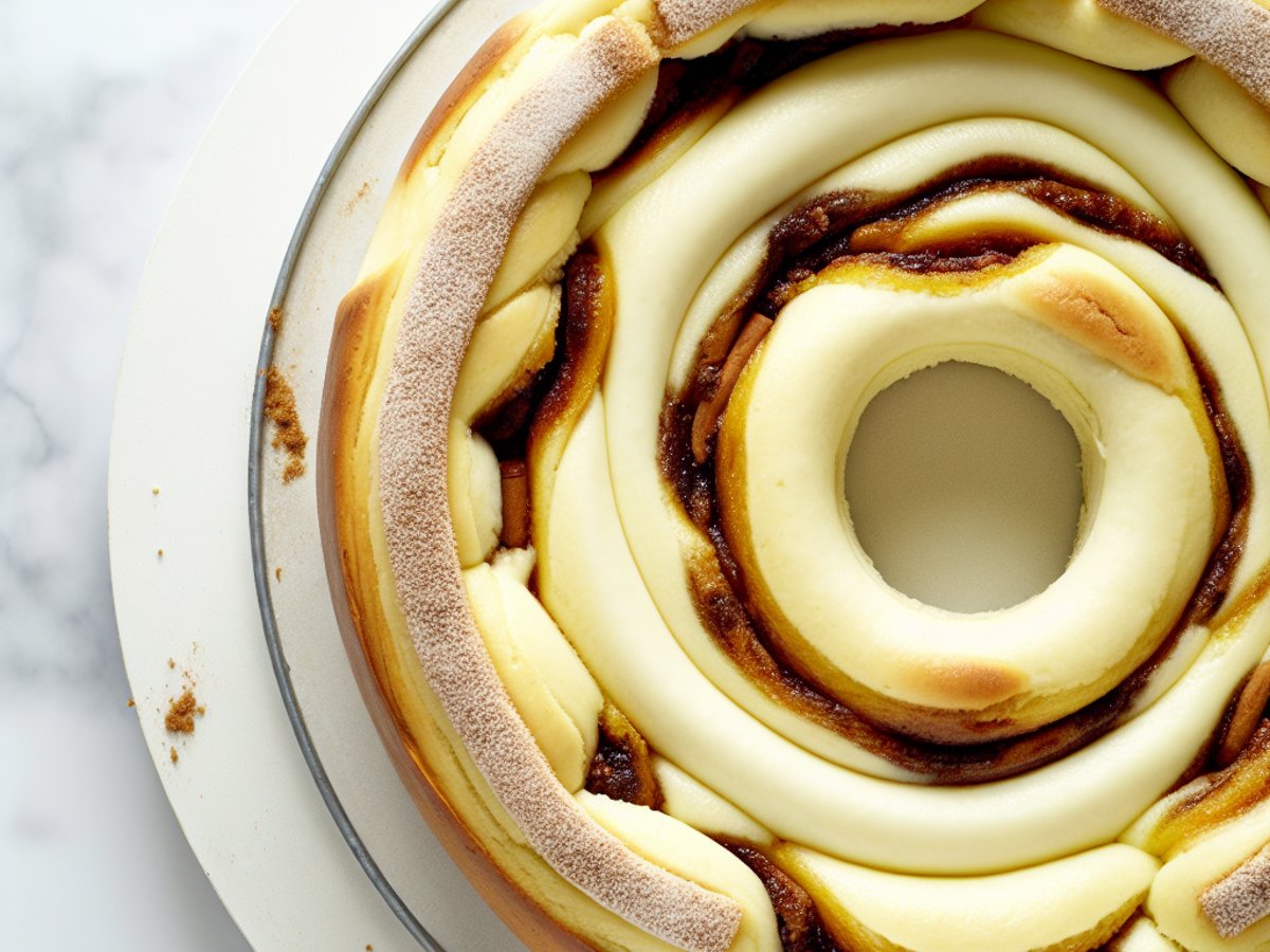 Nordischer Zimtschnecken-Kuchen - Ganzer Kuchen auf eleganter Kuchenplatte