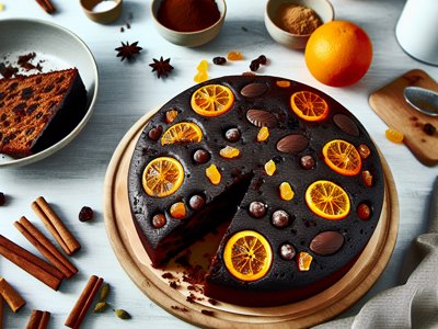 Winterlicher Glühwein-Gewürz-Schokokuchen mit kandierter Orange