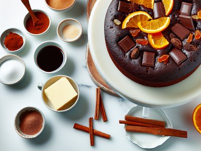 Winterlicher Glühwein-Gewürz-Schokokuchen mit kandierter Orange
