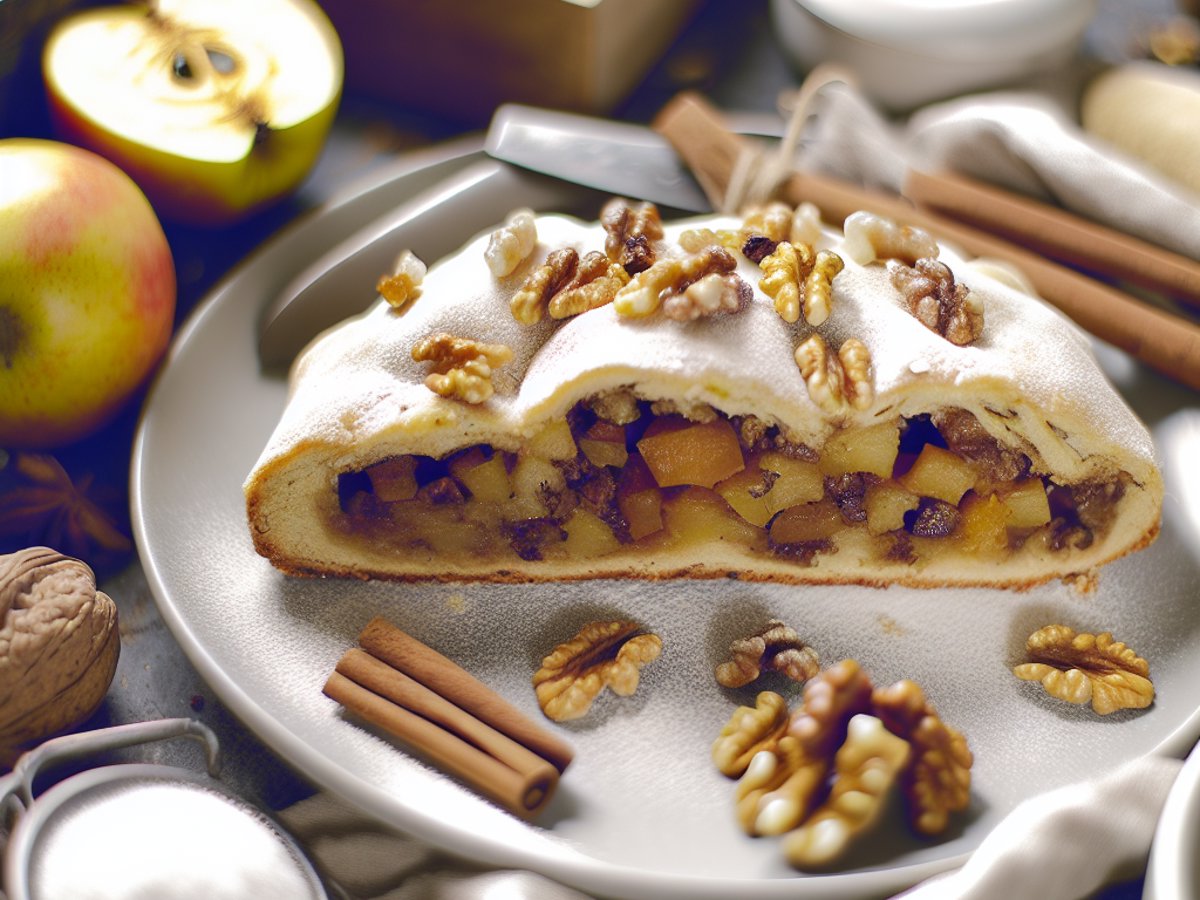 Bratapfel-Stollen von der Seite fotografiert auf festlicher Kuchenplatte mit Zimtstangen als Dekoration