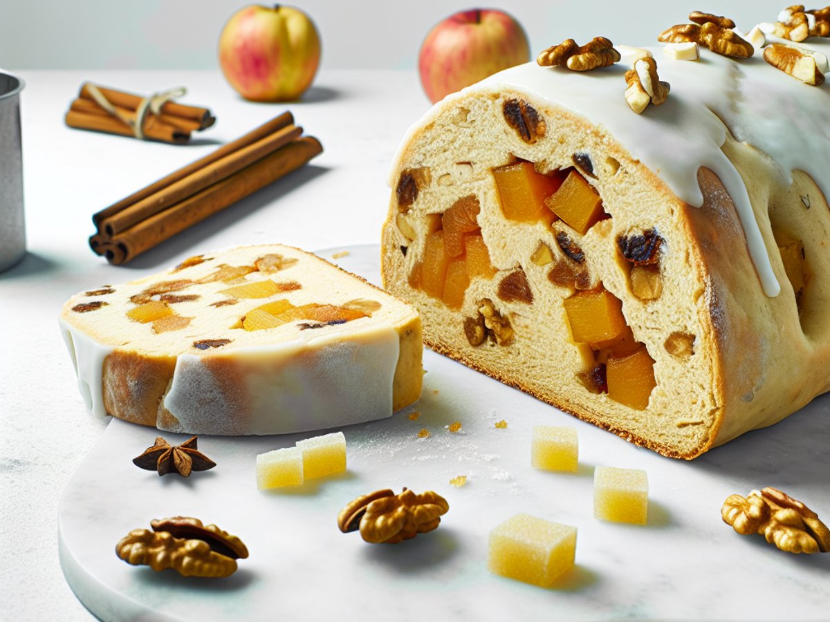 Ganzer Bratapfel-Stollen mit goldbrauner Kruste auf rustikalem Holzbrett, bestäubt mit Puderzucker