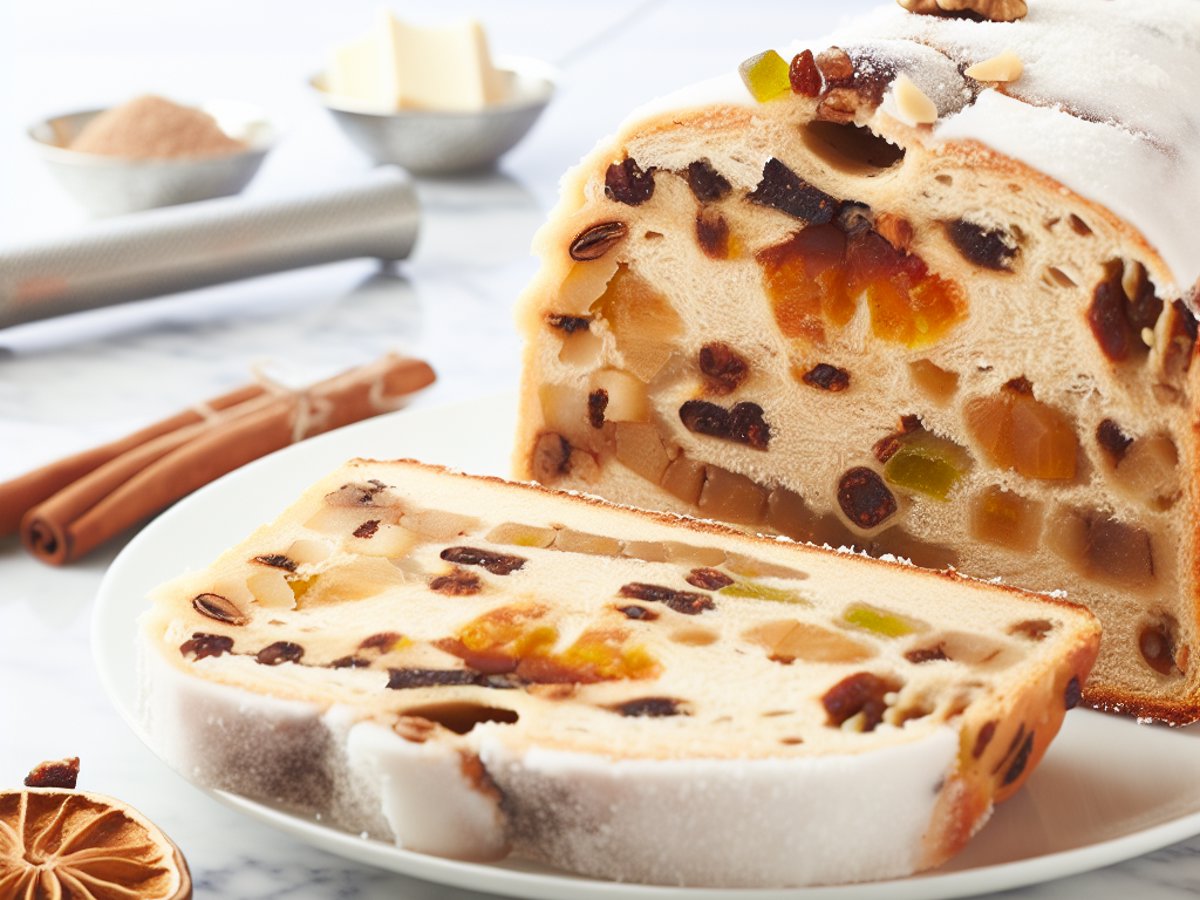 Angeschnittener Bratapfel-Stollen mit sichtbarer Marzipanfüllung und Apfelstückchen im saftigen Hefeteig