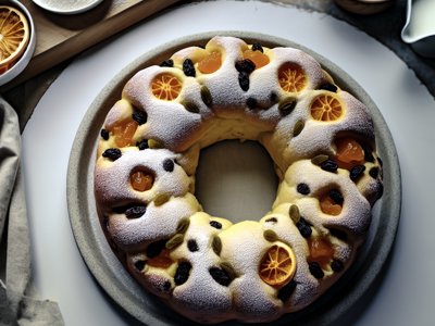 Winterlicher Kardamom-Rosinen-Hefekranz mit Orangenblüten-Zuckerguss