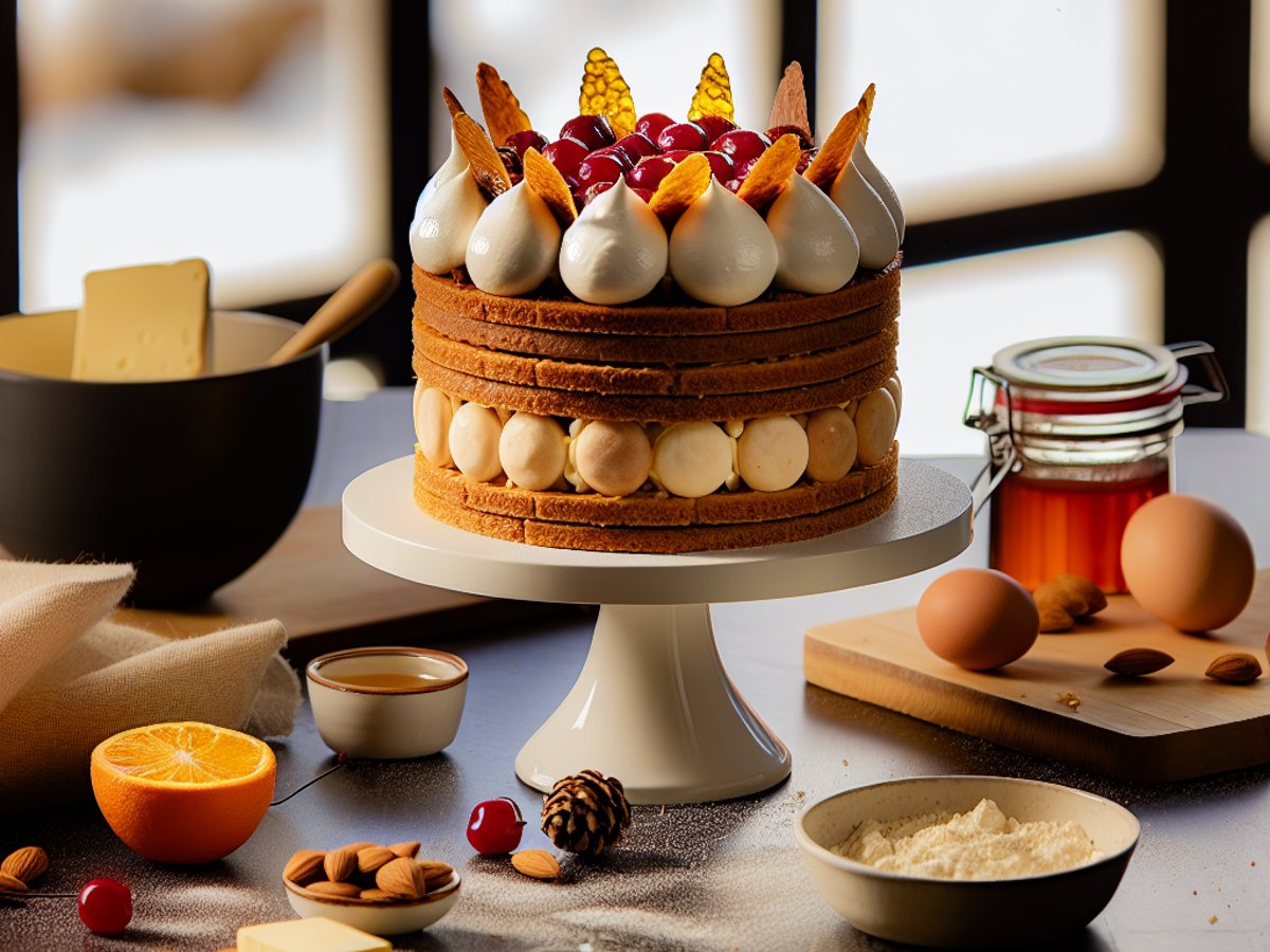 Lebkuchen-Mousse-Turm von der Seite auf rustikalem Holztisch mit Winterdekoration