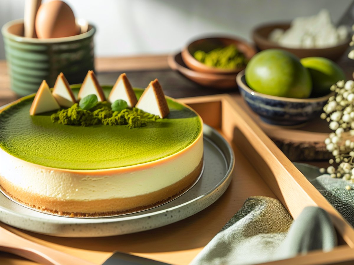 Japanischer Matcha-Käsekuchen - Alternative Ansicht in gemütlichem Setting