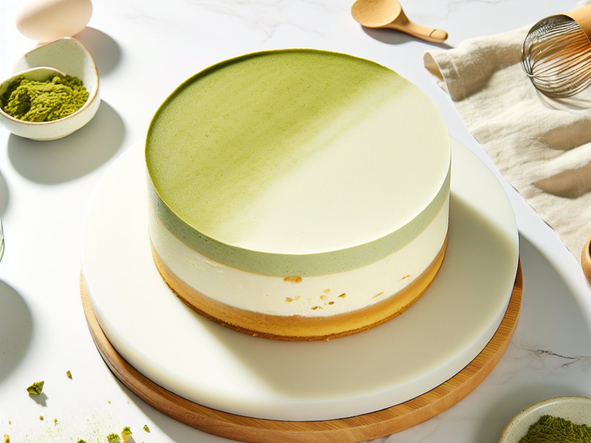 Japanischer Matcha-Käsekuchen - Ganzer Kuchen auf eleganter Kuchenplatte