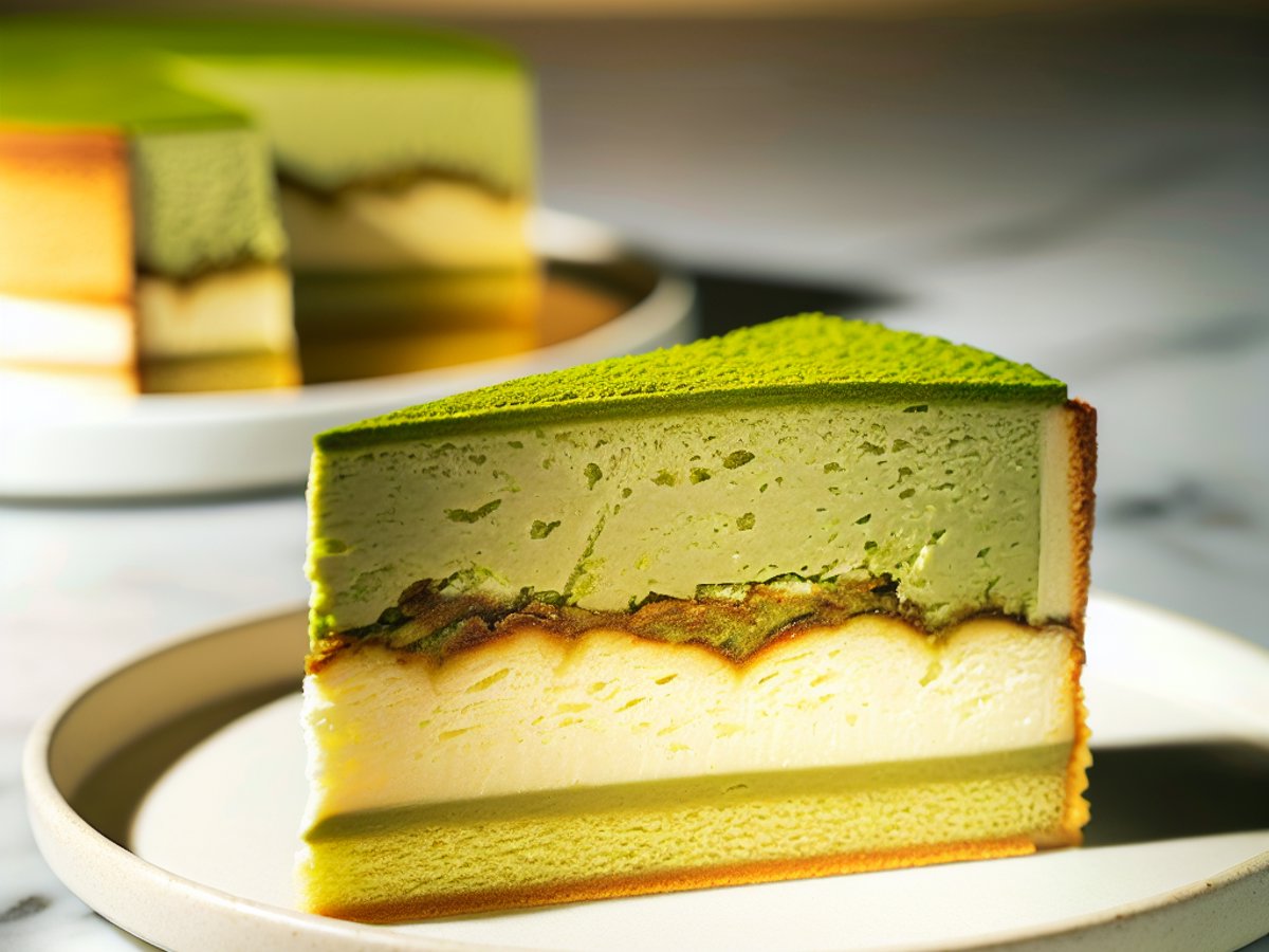 Japanischer Matcha-Käsekuchen - Nahaufnahme eines Stücks mit sichtbarer Textur