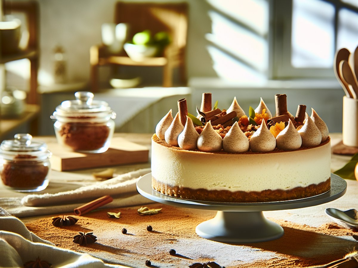 Lebkuchen-Mousse-Käsekuchen von oben fotografiert auf festlich gedecktem Wintertisch mit Zimtstangen