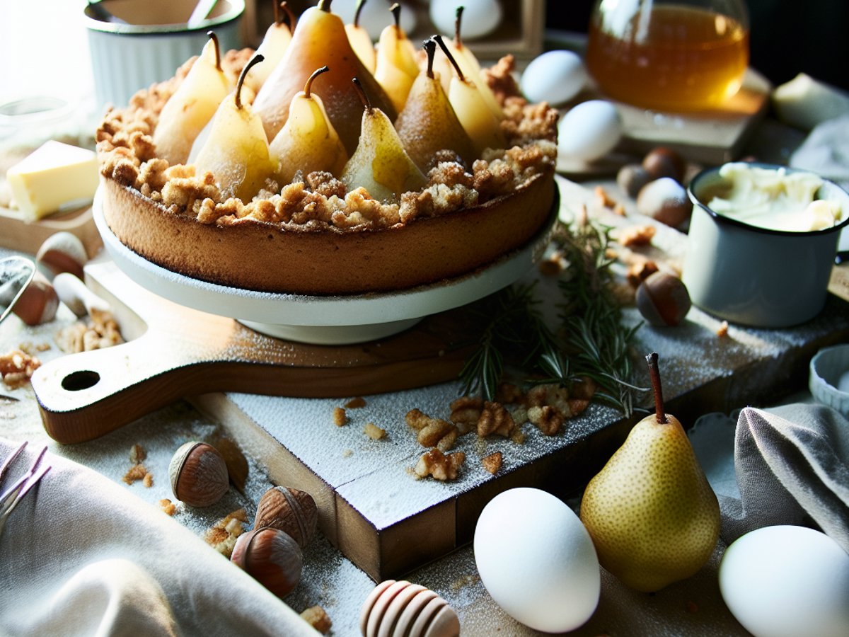 Rosmarin-Honig-Birnenkuchen von oben fotografiert mit frischen Rosmarinzweigen als Dekoration