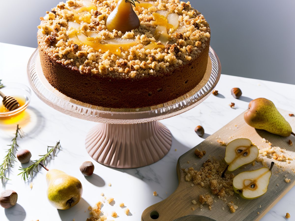 Ganzer Rosmarin-Honig-Birnenkuchen mit goldbraunem Haselnuss-Crumble auf weisser Kuchenplatte