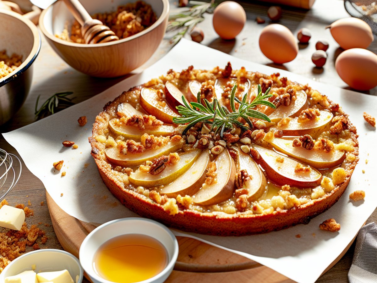 Rosmarin-Honig-Birnenkuchen von der Seite auf weisser Kuchenplatte mit Vintage-Kuchenheber und Rosmarinzweigen